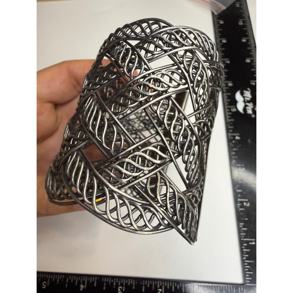 Gunmetal Filigree Wide Cuff Bracelet Openwork Braided Lattice Statement Jewelry